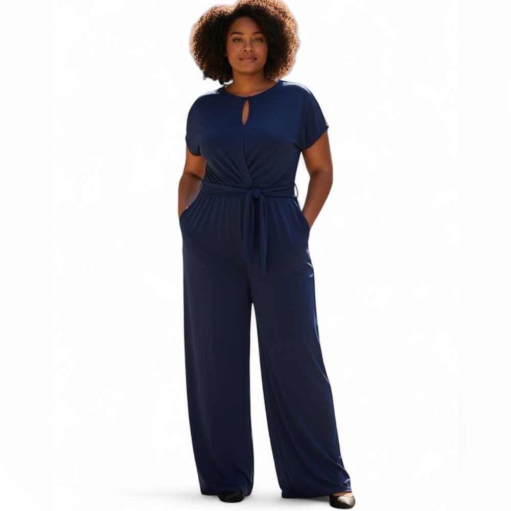 ECI Blue Jumpsuit tie front keyhole flutter short sleeves wide leg jumpsuit Sz L